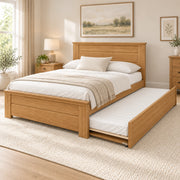 Zikroniya Wooden Kids Trundle Bed, detailed with an extended side trundle and a natural wood finish in a sunlit bedroom.