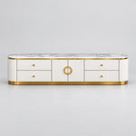 Zondinora White Marble Top TV Unit pairs rounded fluted ends with circular gold-tone handles against a grey backdrop.