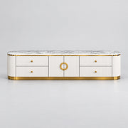 Zondinora White Marble Top TV Unit pairs rounded fluted ends with circular gold-tone handles against a grey backdrop.