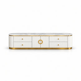 Zondinora White Marble Top TV Unit, showing circular gold-tone handles and rounded fluted ends against a white backdrop.