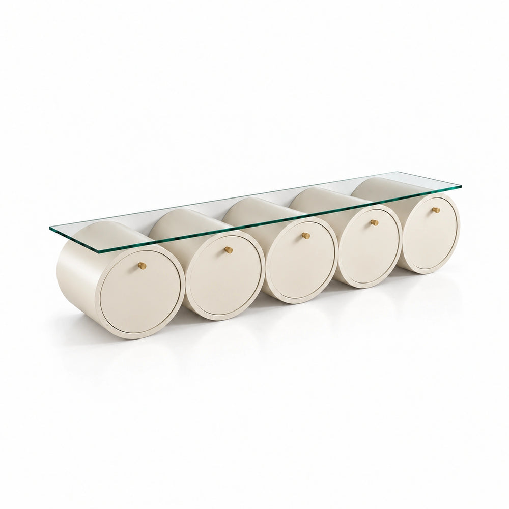 Zoverina Cream Glass Top TV Unit with cream cylindrical sections and five circular storage fronts on a white background.