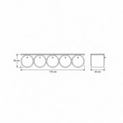 Zoverina Cream Glass Top TV Unit size sketch showing five circular storage fronts; 175 cm wide, 35 cm deep and 35 cm high.